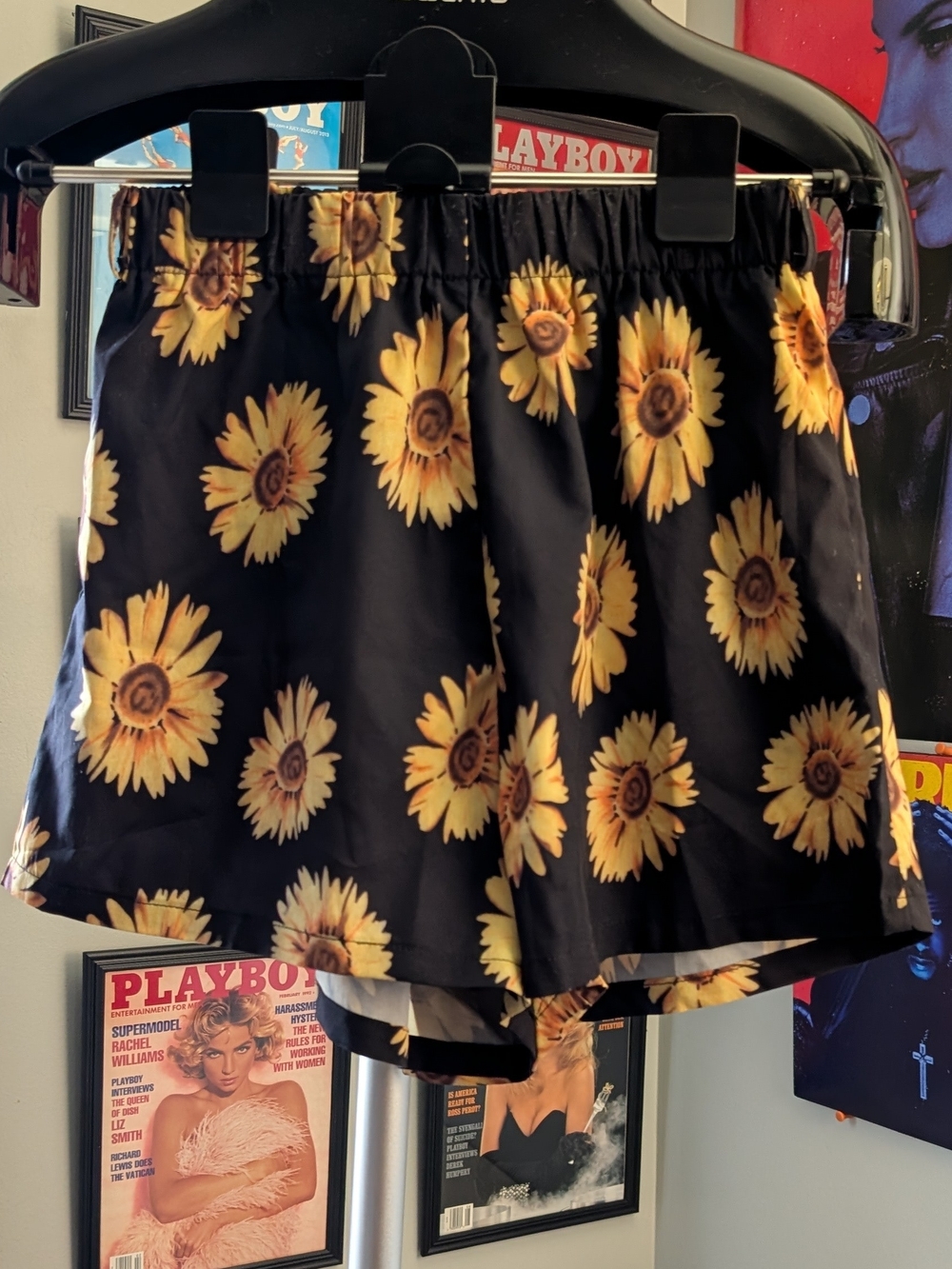 SHEIN Black Shorts with Yellow Sunflower Print
